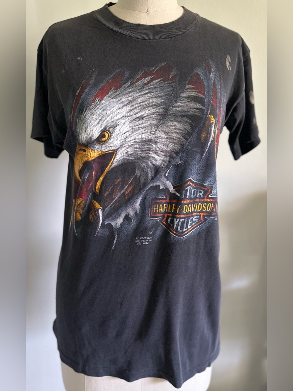 Vintage 90s Harley Davidson 3D Emblem Eagle Chicago Distressed T Shirt S